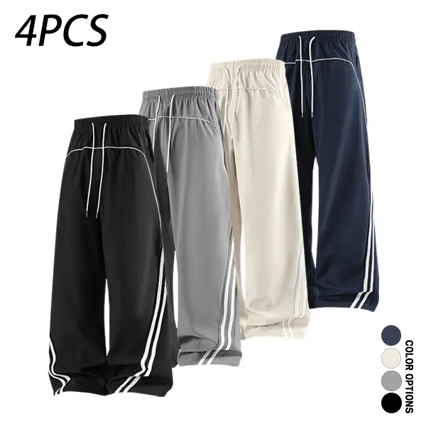 Pack of 4 men’s casual long pants featuring a deconstructed color-block striped patchwork design, loose fit with drawstring elastic waistband; versatile for everyday wear in spring and autumn, suitable for casual sports and fitness.