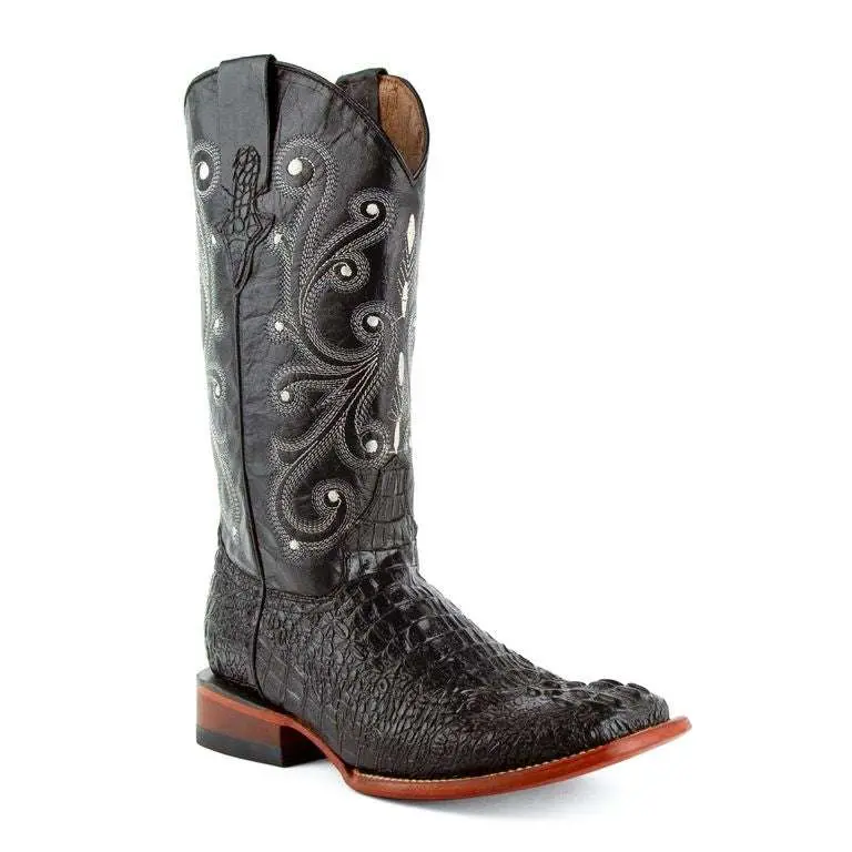 Men's Ferrini Stampede Caiman Crocodile Print Boots Handcrafted Black