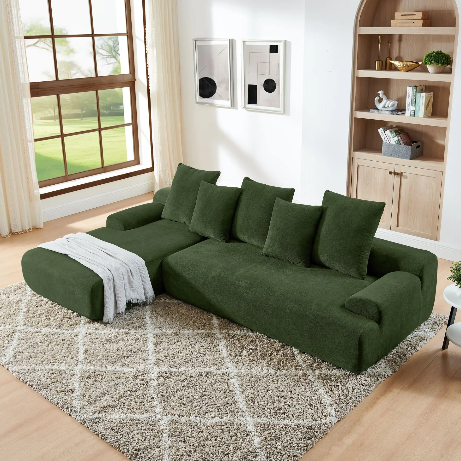 Olive Green Mediterranean Tuscan Upholstered L-Shape Modular Compressed Sofa