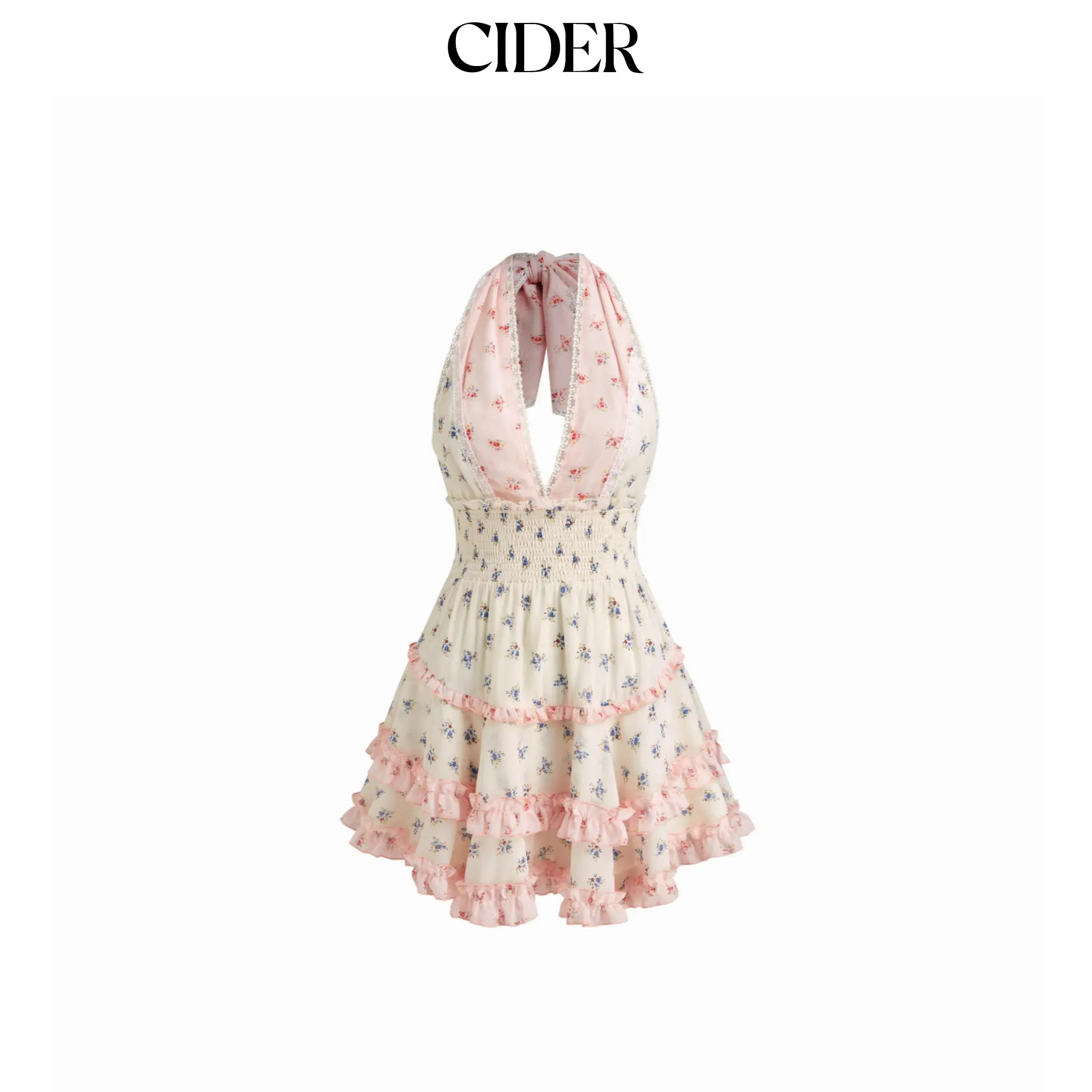 Cider Halter Neckline Ditsy Floral Lace Lettuce Trim Shirred Patchy Tiered Mini Dress