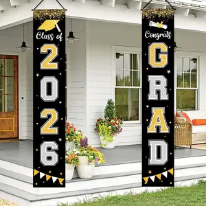 Graduation Decorations 2026 GRAD Banner Black Porch Door Sign Welcome Banner for Indoor Outdoor Wall Graduation Decorations Class of 2026 Labrostar