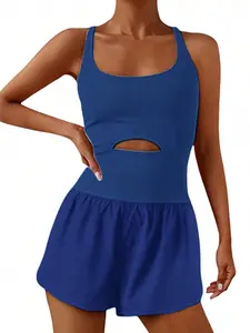 Women's Solid Cut Out Backless Tank Romper, Casual Comfy Sleeveless Romper for Yoga Gym Workout, Ladies Clothes for All Seasons, Fitness Activewear, Workout Apparel, Sporty Jumpsuit, Workout Gym Clothing