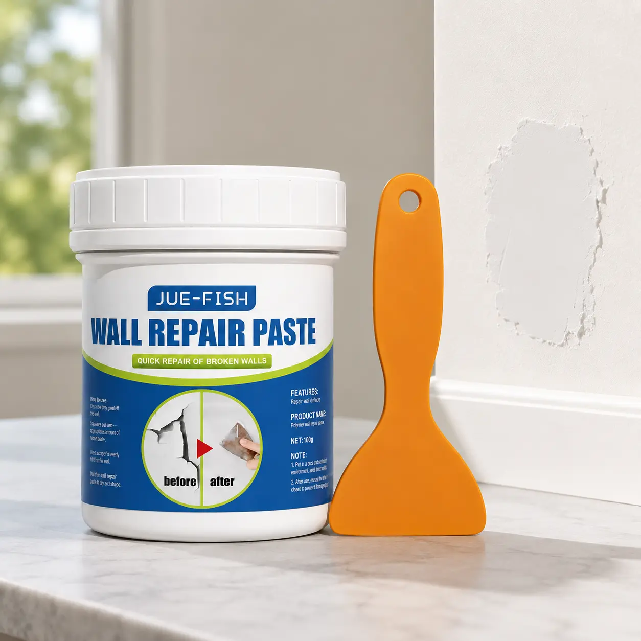 jue-fish Waterproof Drywall Repair Kit with Scraper, 100g Quick-Drying Mold-Resistant Wall Mending Agent, Non-Aerosol White Spackle Hole Filler Paste for Crack & Dent Patching the Wall, No DIY Skills Required, Adult