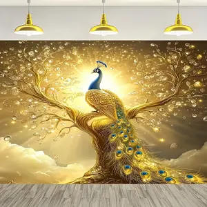 60in x 40in 1pc Luxurious Golden Peacock & Money Tree Polyester Tapestry - Vibrant, Durable Wall Hanging for Living Room, Bedroom, Office - Adds Elegance to Home & Party Decor, Bird Decor