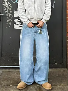 Y2K Trendy Vintage Hip-Hop Men's Jeans, Side Striped Five-Bar Design, Street Retro Denim Jeans, Loose Fit Casual Wear
