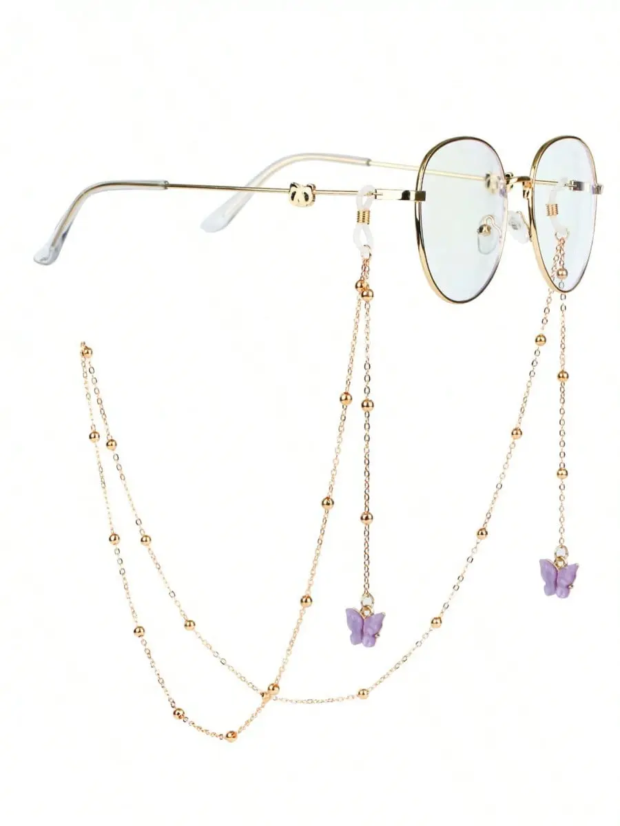 Decorative Beaded Glasses Chain for Women, Elegant Eyewear Lanyard with Stylish Butterfly Charms, Female, Women Enhancing Their Glasses, Plain