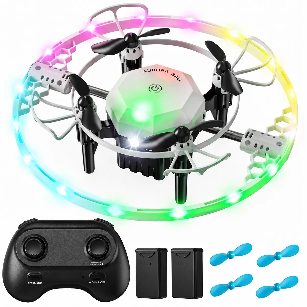 Mini RC Drone with Camera for Kids, Colorful LED Lights, 2 Batteries, Light-Up RC Flying Toy with 360° Spin, One-Key Takeoff/Landing, Altitude Hold, Headless Mode, Full Protective Guards, Gift for Boys and Girls