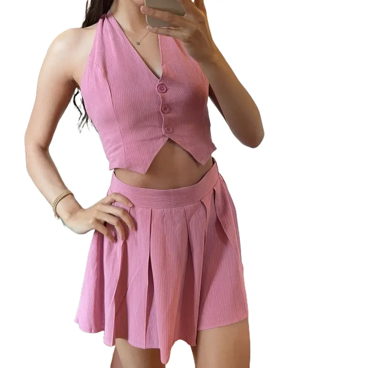 Matching Siren Pink Vest and Skirt Set - Coquette Cute Matching Two-Piece for Women, Comfortable Stretchy Fabric, Summer Outfits, Real Buttons & Bow Tie, True to Size, Casual Day Outfits