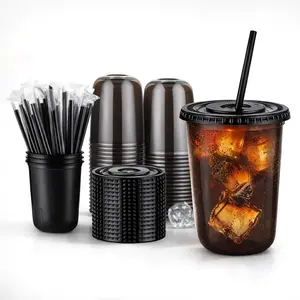 16oz/500ml Disposable To-Go Coffee Cups 50 Sets Black Transparent PET Material Leak-Proof U-Shaped Lid Straws Perfect for Parties & Coffee Events