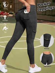 Women's High Waist Tight-Fitting Pants with Pockets, Casual Daily Wear, Sporty Washed Print, Butt-Lifting, All Seasons, High Waist Leggings, High Waisted Leggings