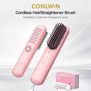 【Summer Vibes】CONLWIN Cordless Hot Brush,HairStraightener Brush,Mini Portable Straightener with Cool Air Setting & Hair Care,350M Negative lons for Frizz-Free,Cordless & Corded Dual-Use,Safe Mode,Gift