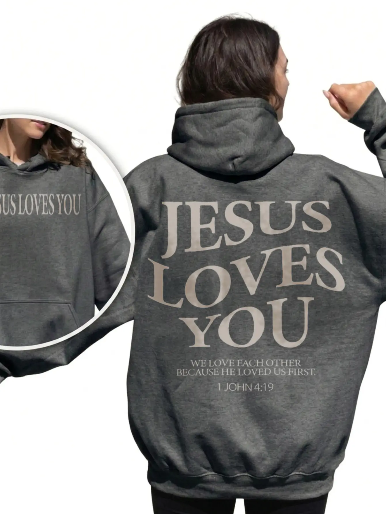 Women's 1 John 4:19 "Jesus Loves You" Long Sleeve Oversized Hoodie, Front & Back Graphic Christian Tops, Faith-Based Loose-Fit Pullover, Dark Heather Charcoal Grey, Cozy Autumn-Winter Streetwear, Faith Gift