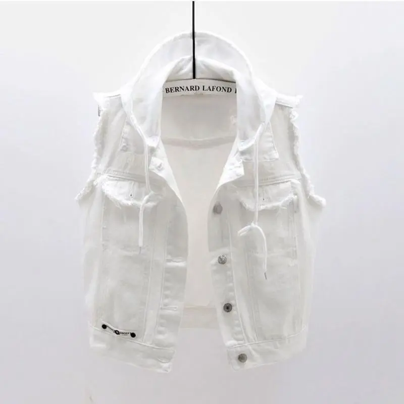 Women's Casual Hooded Denim Vest - New Spring & Autumn Sleeveless Short Waistcoat, White & Black Sports-Inspired Womenswear Jeans Top, Female, Xxxl, Basic, Multi-Size, Waistcoat Cut, Hooded Top, Fashion, Sporty Sports Clothing Sets