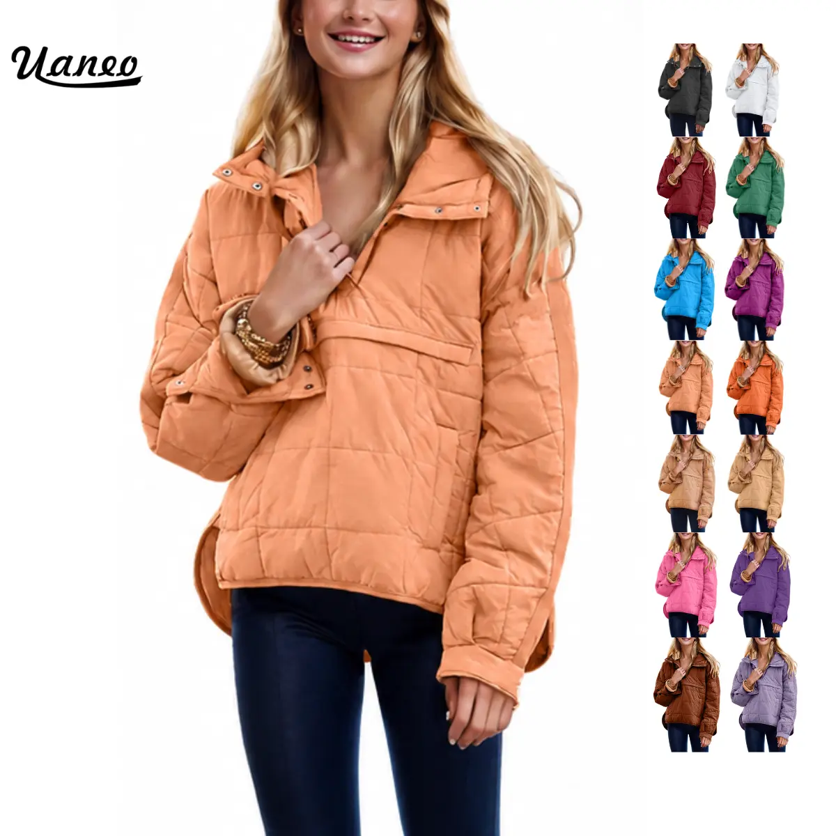 UANEO Women's Oversized Hooded Pullover Puffer Jacket Quilted Dolman Long Sleeve Cozy Lightweight Warm Tops with Big Chest & Side Pockets Casual Outwear