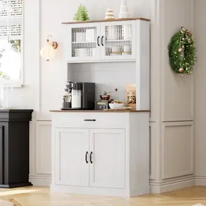 71" Kitchen Pantry Cabinet with Microwave Stand, Glass Doors, Adjustable Shelves, Freestanding Coffee Bar Storage for Dining Room, White