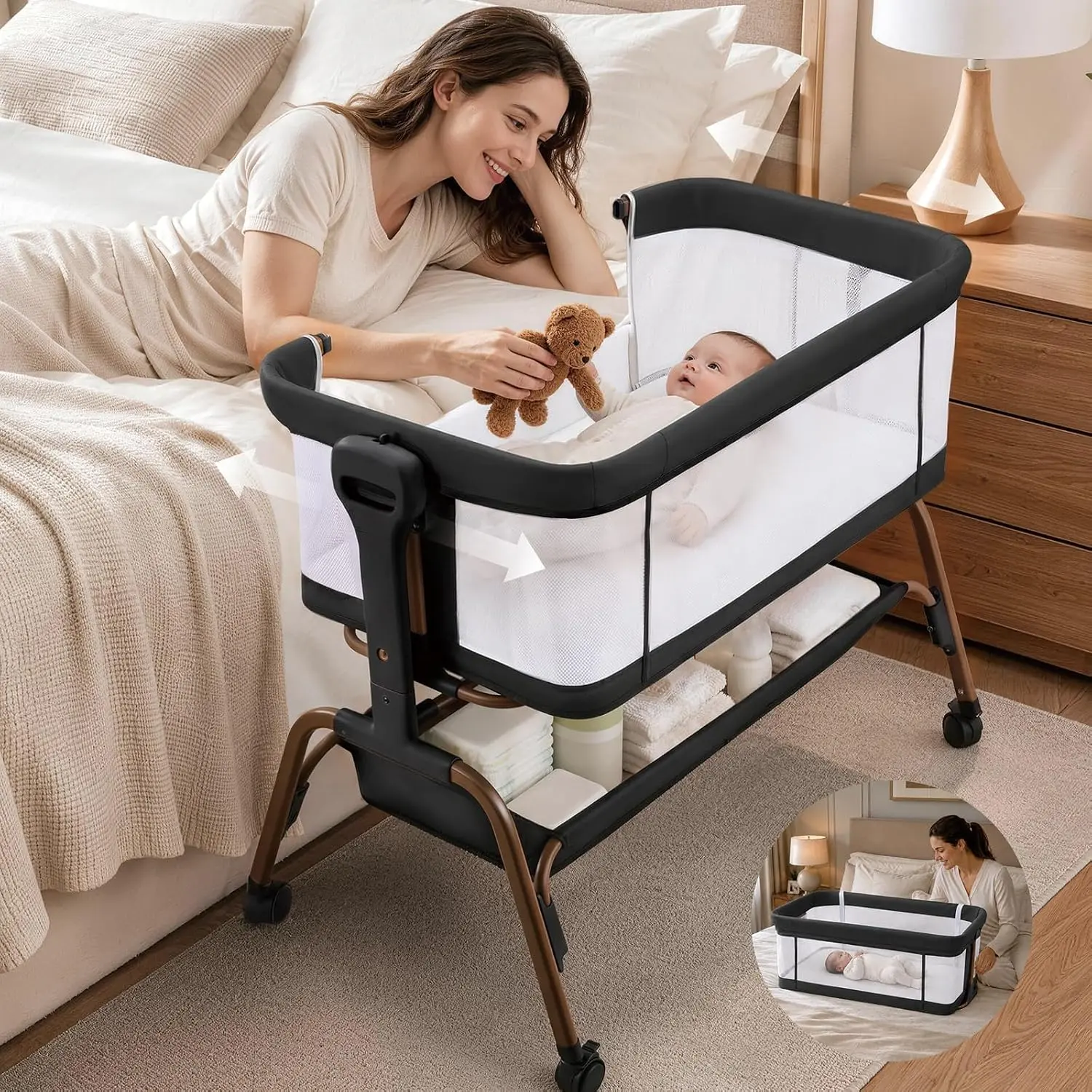 4 in 1 Baby Bassinet, Rocking Bassinet, Bedside Bassinet for Baby,  Portable Crib, 8 Adjustable Heights, Lockable Wheels, Full-Mesh, Storage Basket, Bassinet Bedside Sleeper for Newborn