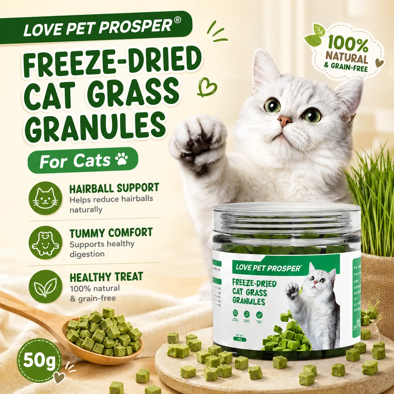 LOVE PET PROSPER 50g Freeze-Dried Cat Grass Granules, Healthy Treat for Kittens - Supports Hairball Care & Digestive Health, Chewable Snack for Chewing Fun & Daily Feeding | COD