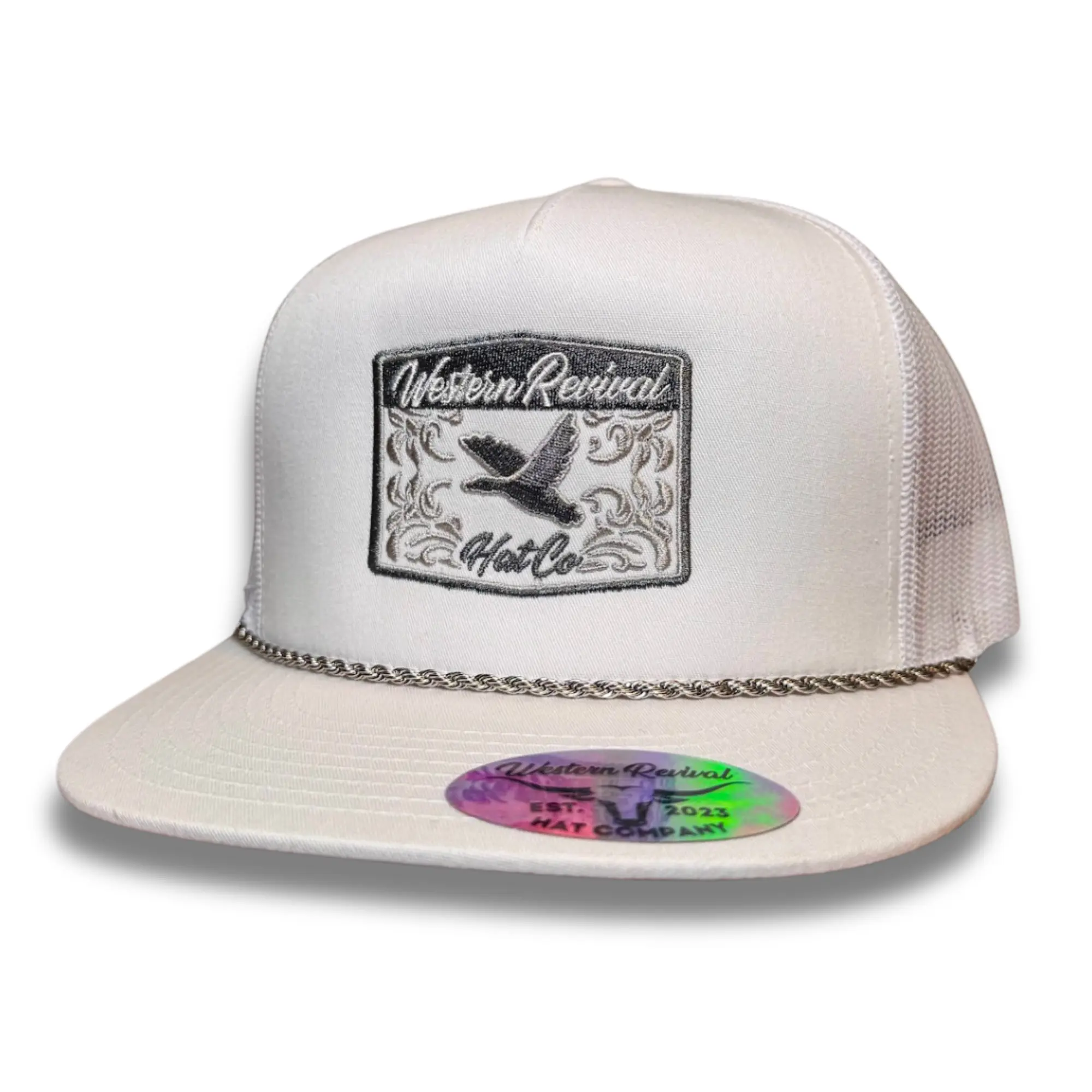Western Revival Chained Duck Hat - White Snapback with Stainless Steel Rope