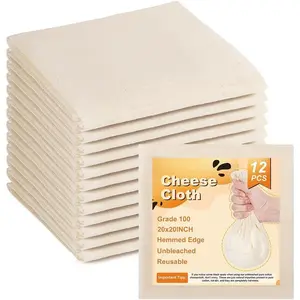 [12 PCS]  Cheese Cloths, 20x20 Inch, 100 Percent Unbleached pure  Cheese Cloth for Straining, 100 Grade Cheesecloth Hemmed Edges for Cooking, Baking, Juicing