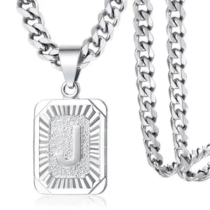Stainless Steel Square Initial Necklace for Men Women Letter A-Z Pendant with 5mm Curb Cuban Chain