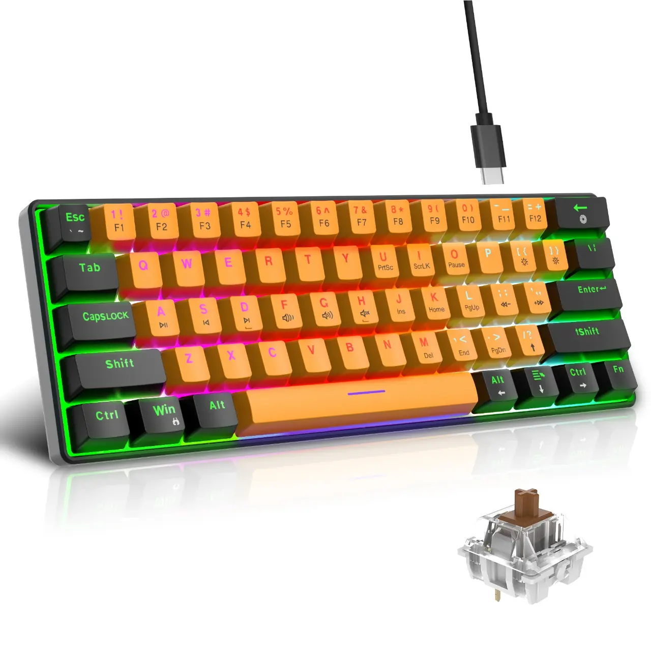 Snpurdiri 60% Wired Mechanical Keyboard, Mini Gaming Keyboard with 61 Brown Switches Keys for PC, Windows XP, Win 7, Win 10(Black-Yellow, Brown Switches)