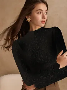 Elegant Chic Soft Stretch Lace Top, Hollow Out Embroidered Knit Sweater, Versatile Solid Color Stretchy Wear for Daily Commute & Special Occasions Womenswear