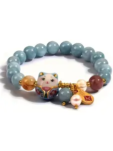 Prosperity Cat Bracelet with Blue Stone Inlay, Ceramic Cat Pendant, Feng Shui Lucky Jewelry, Women's Bracelet, Wealth and Protection Meaning, Energy Bracelet
