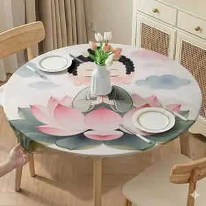 Elegant Elastic Round Tablecloth, Small Buddha Lotus Pattern Print, Easy Installation & Cleaning, Reusable, Multiple Sizes Available