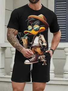 Summer Men's Cool Hat Milk Tea Duck Print Short Sleeve T-Shirt and Shorts Set, Casual Fitted All over Print Sportswear Menswear