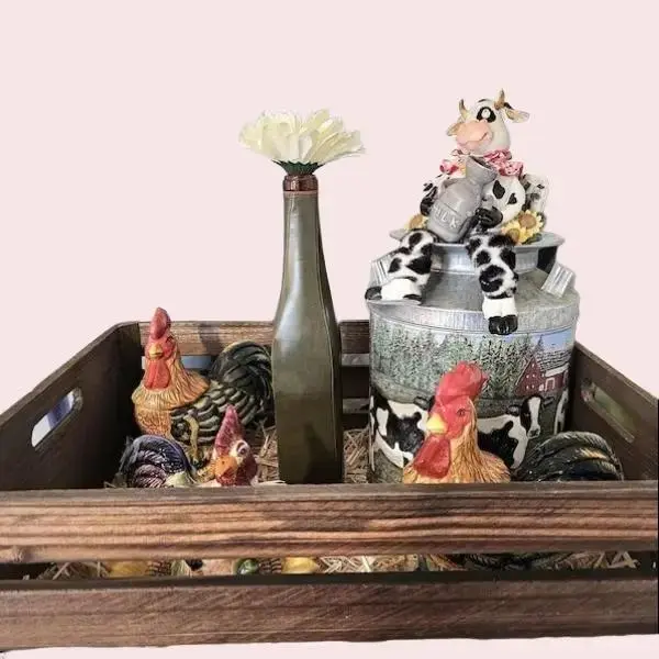 Rustic Farm Animal Centerpiece - Barnyard Theme Farmhouse Display with Straw Hay & Wooden Accents for Country Charm Table Decor