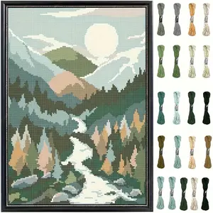 Embroidery Kit, 1 Count Landscape Pattern DIY Cross Stitch Kit with Random Color Tools, Embroidery Thread, Embroidery Craft Kit for Beginners, DIY Wall Decoration