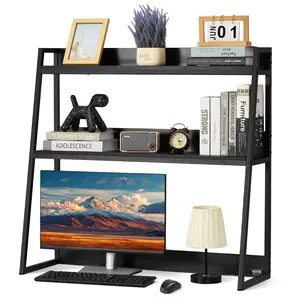 VEVOR Desktop Bookshelf,  2-Tier Desktop Storage Organizer, 37.4" x 12.6" x 35.4" Office Desk Storage Rack Display Shelf, Desktop Bookshelf Hutch with Anti-Slip Feet Pads, for Office, Home & Dorm, Black
