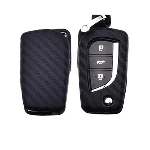 iJDMTOY Carbon Fiber Finish Soft Silicone Key Fob Cover For 2018-up Toyota Camry Flip Blade Key (Black Twill Weave Pattern)
