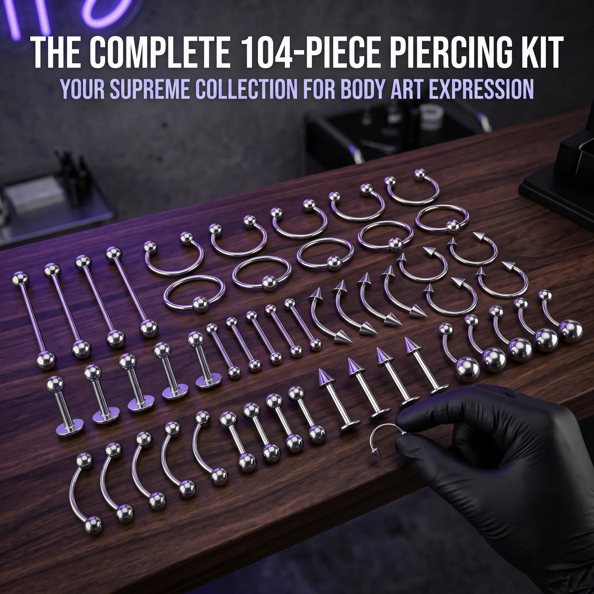 Unisex 104pcs 14G-16G Body Piercing Kit with Self-Jewelry for Ear, Lip, Septum, Eyebrow, Nipple