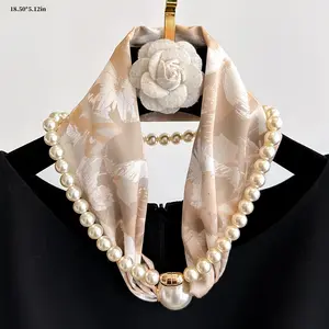Magnetic Buckle Pearl Necklace with Long Silk Scarf – Lightweight Neck-Protection Scarf for Women, Easy Lazy-Style Accessory for Shirts & Daily Wear