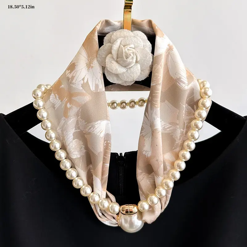 Women's Classic Pearl Scarf Necklace - Long Silk Scarf with Magnetic Buckle, Lightweight Fashion Apparel Accessory for Daily Clothes, Ideal for Women's Fashion & Mother’s Day, Elegant, Long Scarf