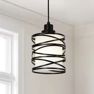 Pendant Light-Black Spiral Cage Hanging Lamp with Frosted White/Clear/Bubble Glass Shade, Modern Farmhouse Pendant Lighting for Kitchen Island Dining Room Bar，E26，Bulb not included （1-Light）