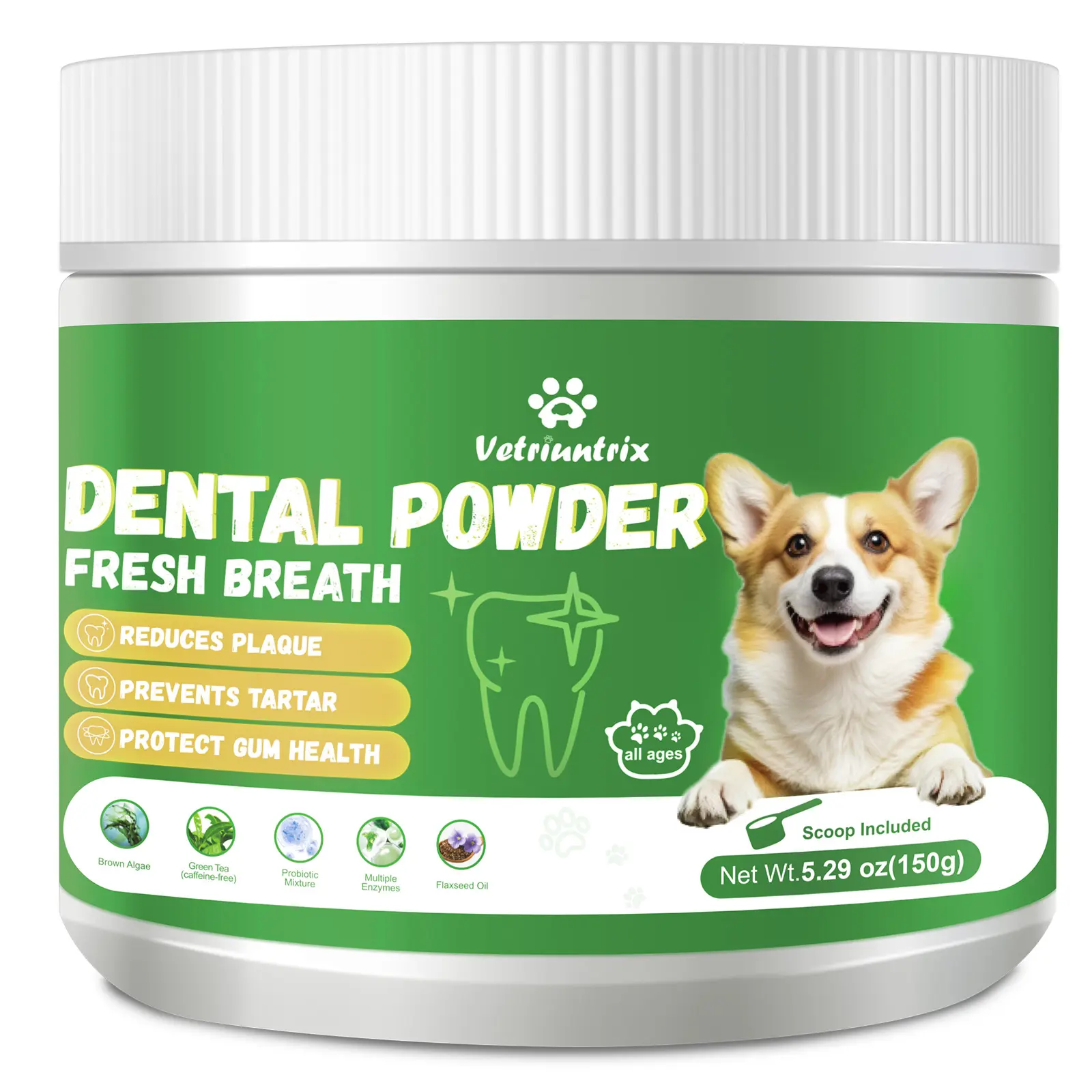 Vetriuntrix Dog Dental Powder, Chicken Flavor, 5.29 oz, Vet-Approved, No Brushing Needed, Reduces Plaque, Prevents Tartar, Protects Gum Health, Boosts Fresh Breath, With Probiotics, Lysozyme & Flaxseed Oil, Sprinkle Over Food