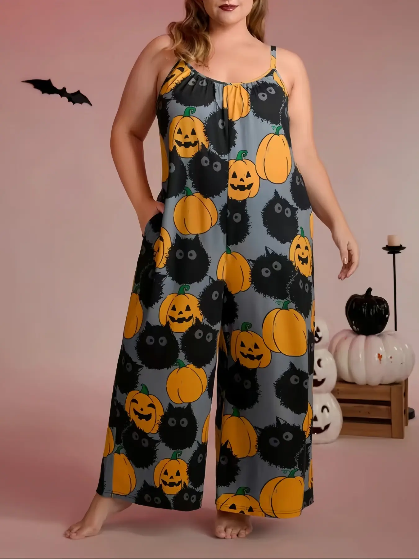 Women's Round Neck Jumpsuit Halloween Element Sleeveless Spaghetti Strap Wide Leg Overall Pumpkin & Cat Print Casual Loose Fit Spring Fall