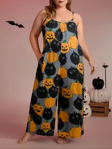 Women's Round Neck Jumpsuit Halloween Element Sleeveless Wide Leg Overall Pumpkin & Cat Print Casual Loose Fit Spring Fall