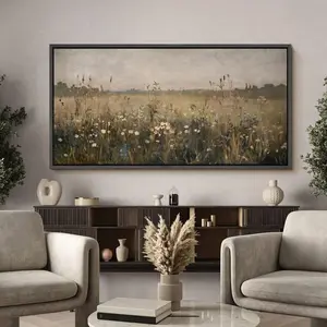 Vintage Wildflower Wall Art, Abstract Botanical Field Landscape Print, Rustic Pastoral Nature Living Room Decor