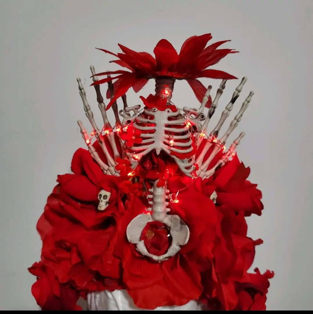 Red Floral Skeleton Skull Bone Floral LED Light Up Headpiece Crown Headband Costume
