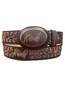 Brown Western Style Embroidered Rooster Leather Belt Cinto Vaquero Bordado Cafe con Gallo