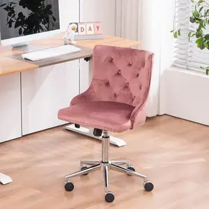 VINGLI Velvet Office Chair - Modern Upholstered Desk Chair with Adjustable Height, Tilting Mechanism, and Rolling Wheels - Pink