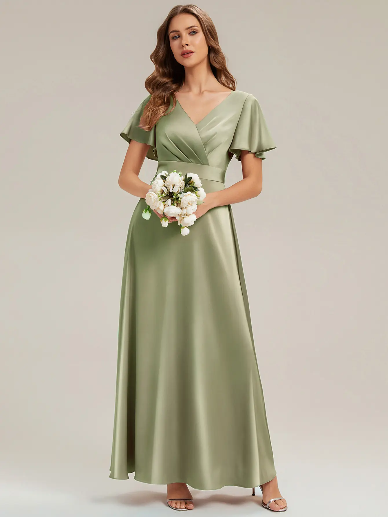 Ever-Pretty 2026 New Trend Gathered Satin V-Neck Ruffle Sleeve Bridesmaid Dress – Flowy A-Line Skirt & Back Zipper for Wedding Party & Formal Event ES02710