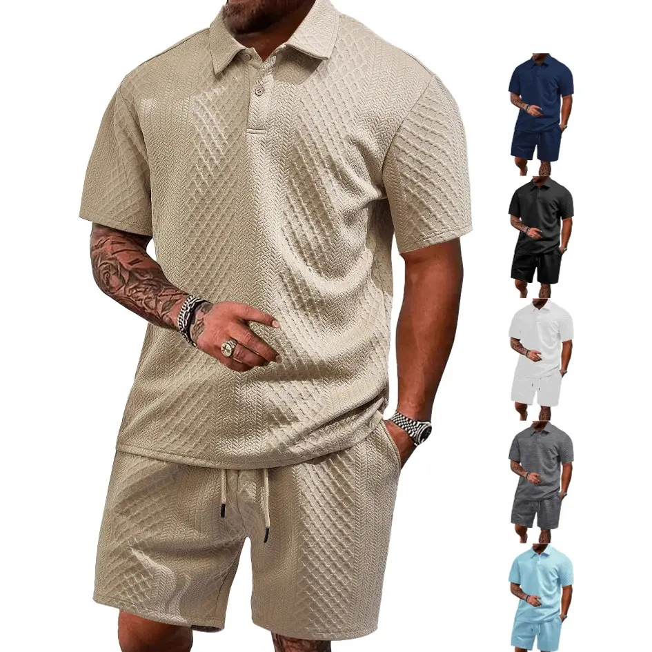 Men's Casual 2-Piece Sets, Solid Jacquard Short Sleeve Button Polo Shirt with Matching Shorts, Lightweight Summer Athletic Outfit, Two Piece Sets