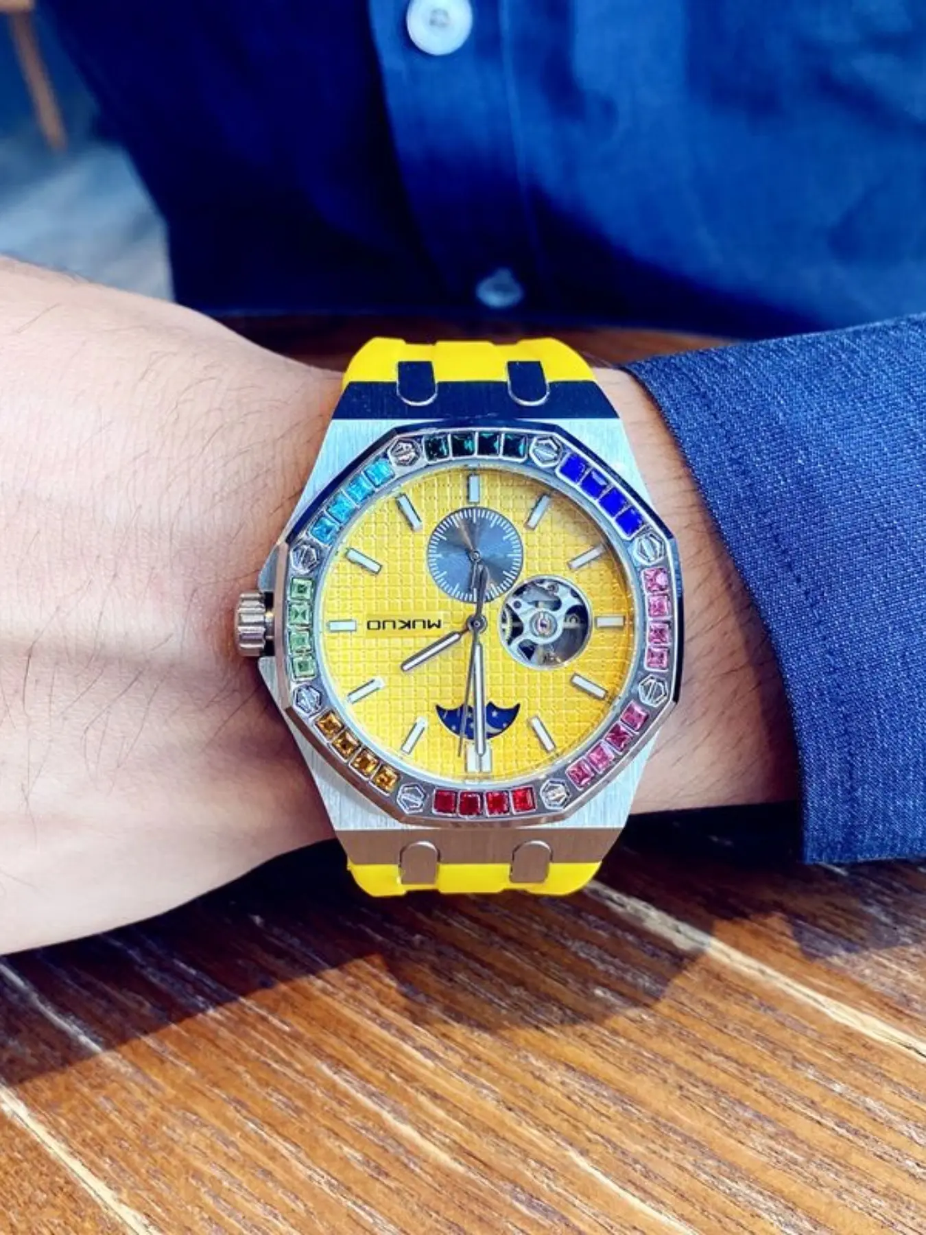 Trendy Street Style Casual Watch, Analog Watches, Steel Case Octagonal Bezel Rainbow Diamonds, Blue Dial Moon Phase Open Heart, Unique Non-Matching Watch, Diamond Studded Watch