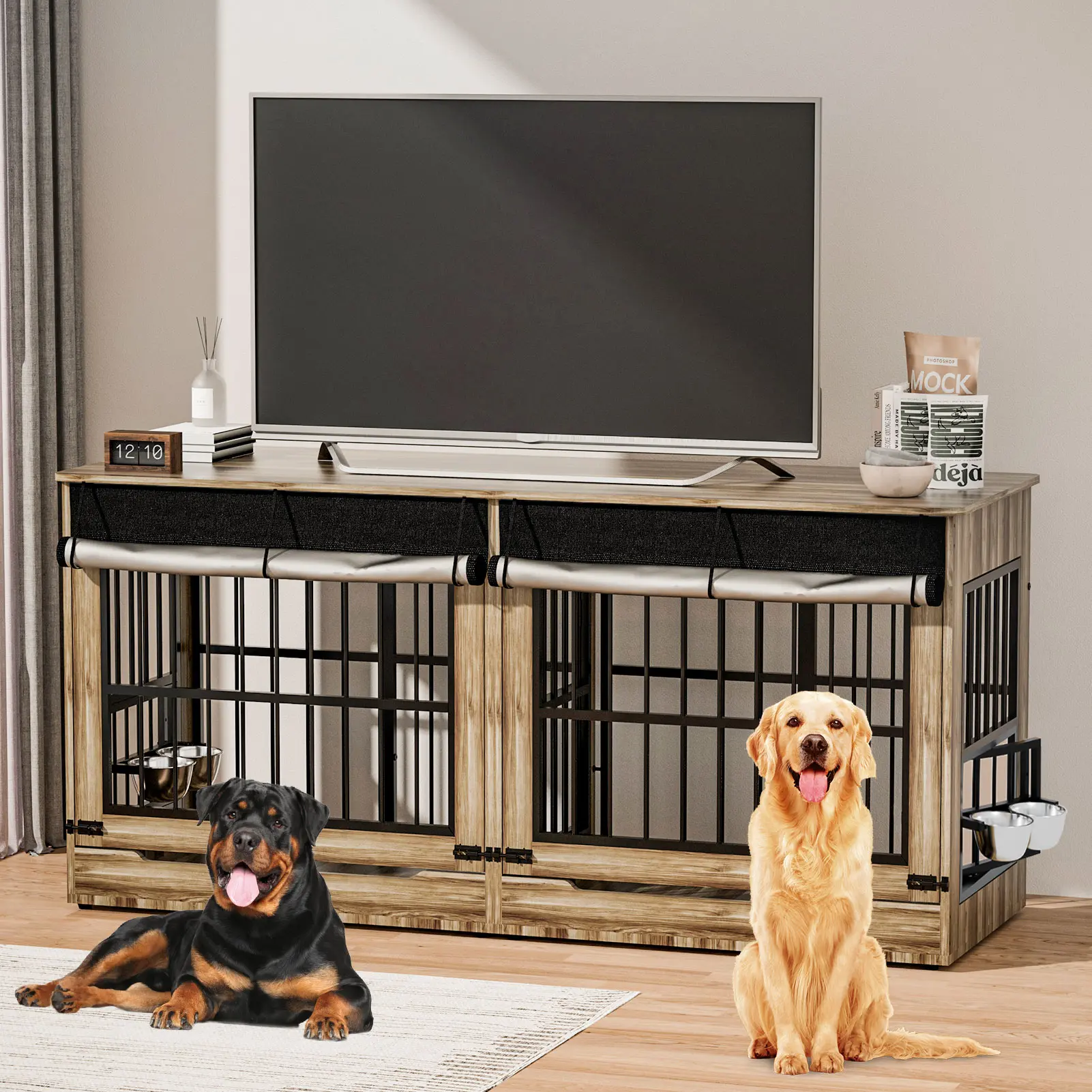78in Heavy Duty Indestructible Dog Crate with Divider - Double Door Indoor Wooden Kennel, Removable Divider, 360° Swivel Bowls, Reinforced Steel Bars, Blends with Home Decor, Portable Enclosure for 2 Medium-Large or Extra Large Dogs [2 Carton]