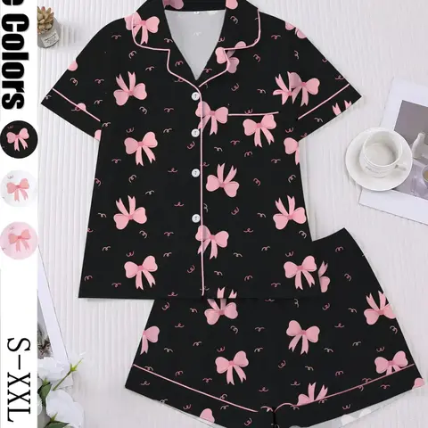 Women's Valentine's Day Sleepwear Set, Bow Print Pajamas, Short Sleeve Button-Up Top & Elastic Shorts, Casual Home Wear Loungewear