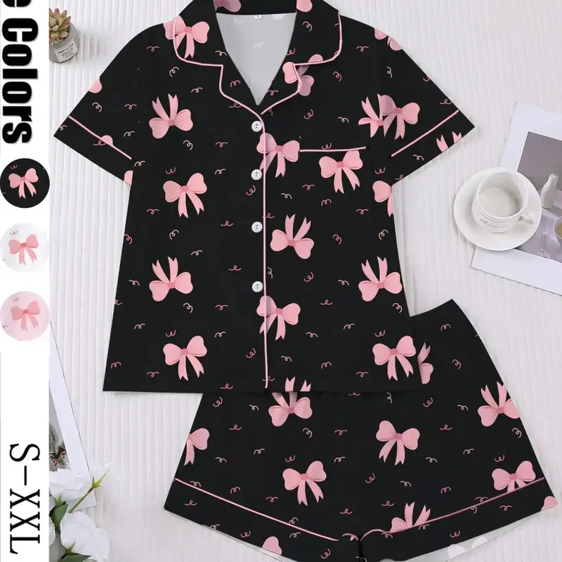 Women's Valentine's Day Sleepwear Set, Bow Print Pajamas, Short Sleeve Button-Up Top & Elastic Shorts, Casual Home Wear Loungewear